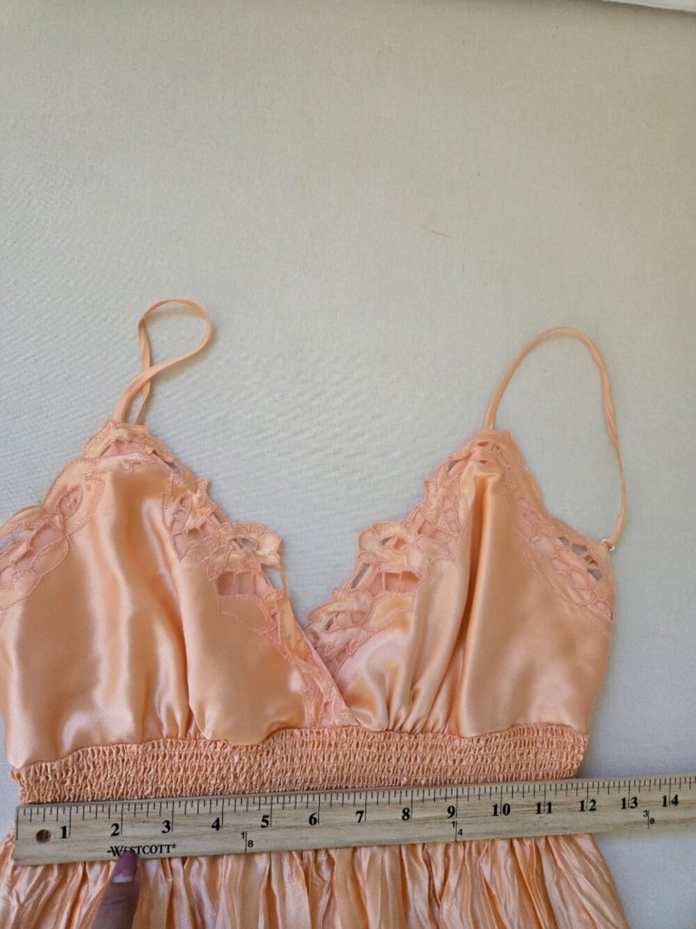 BCBG Max Azria Peach Silk Lace Smocked Waist Slip Dress Size Small - Picture 8 of 9